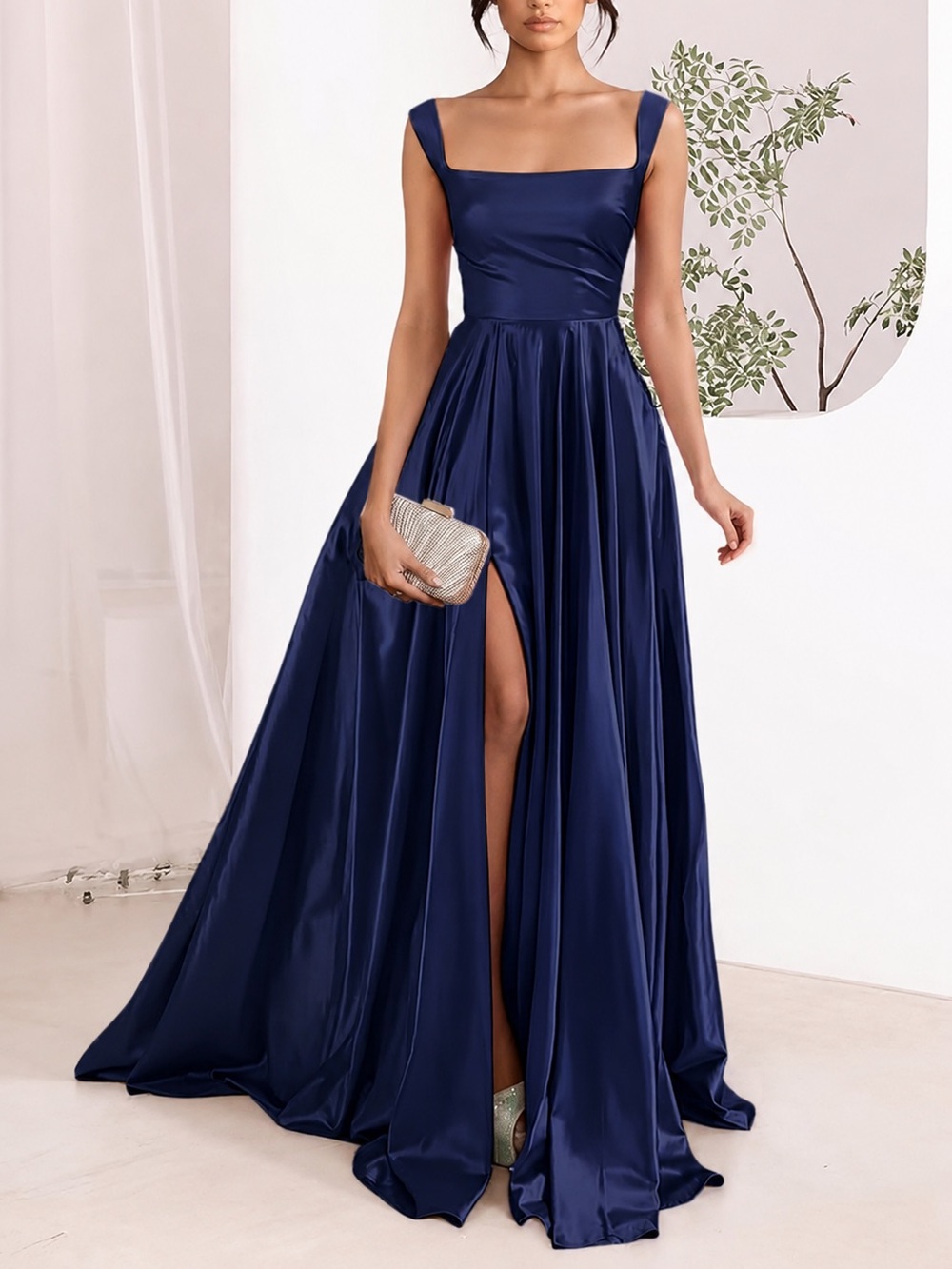Elegant Navy Satin Square-Neck Evening Gown
